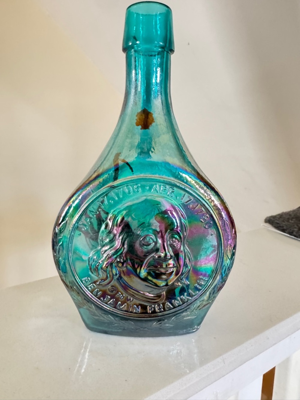 Vintage Wheaton CarnivaIridescent Teal Benjamin Franklin Decorative Glass Bottle